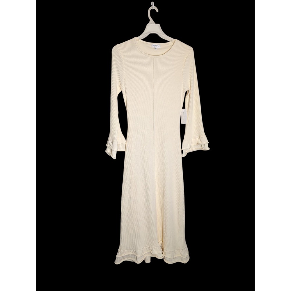 Worth Collective Womens Arlet Dress NWT Ivory Ribbed Knit Ruffle Hem Midi Large